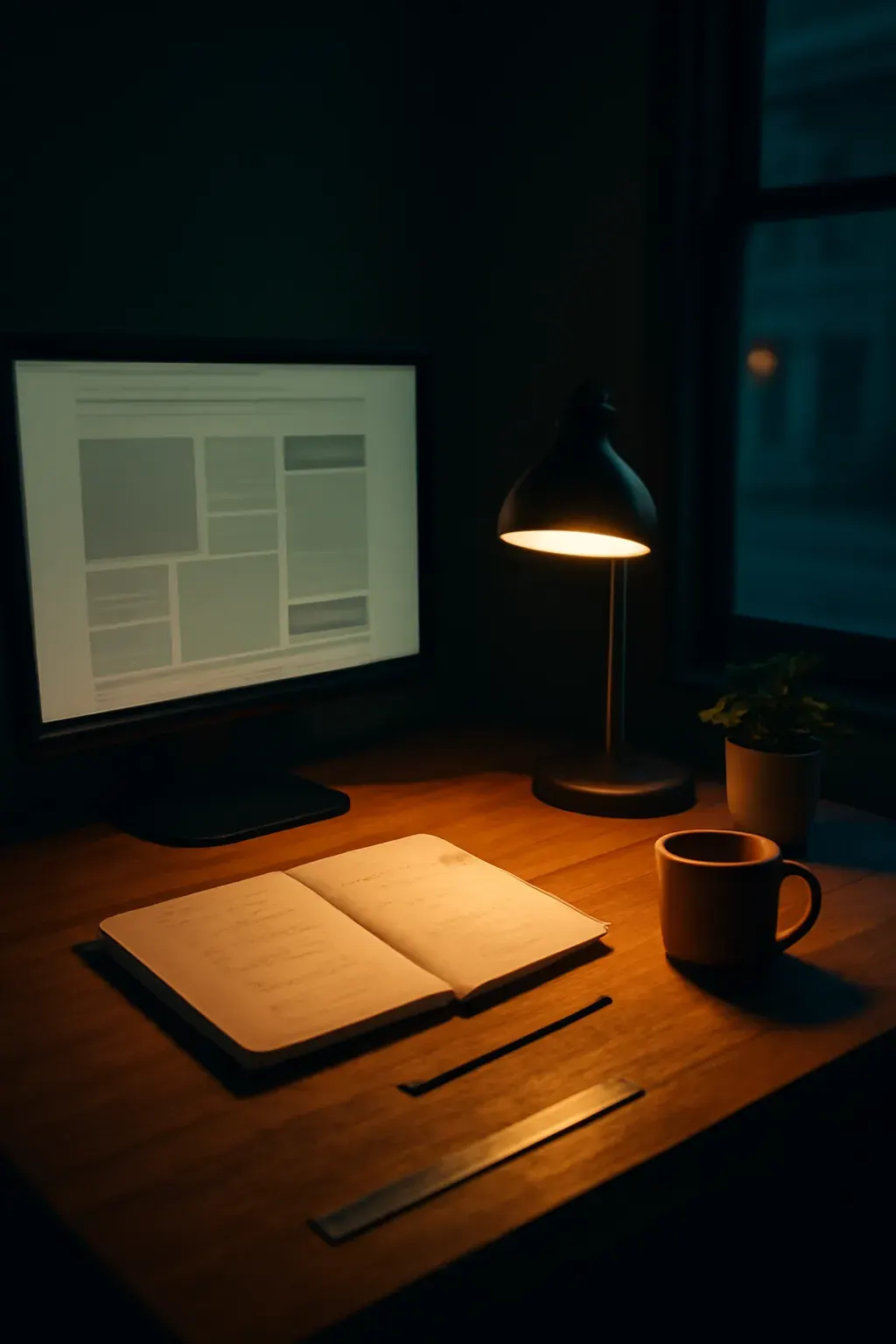 A quiet workspace with a desk, a laptop and a window