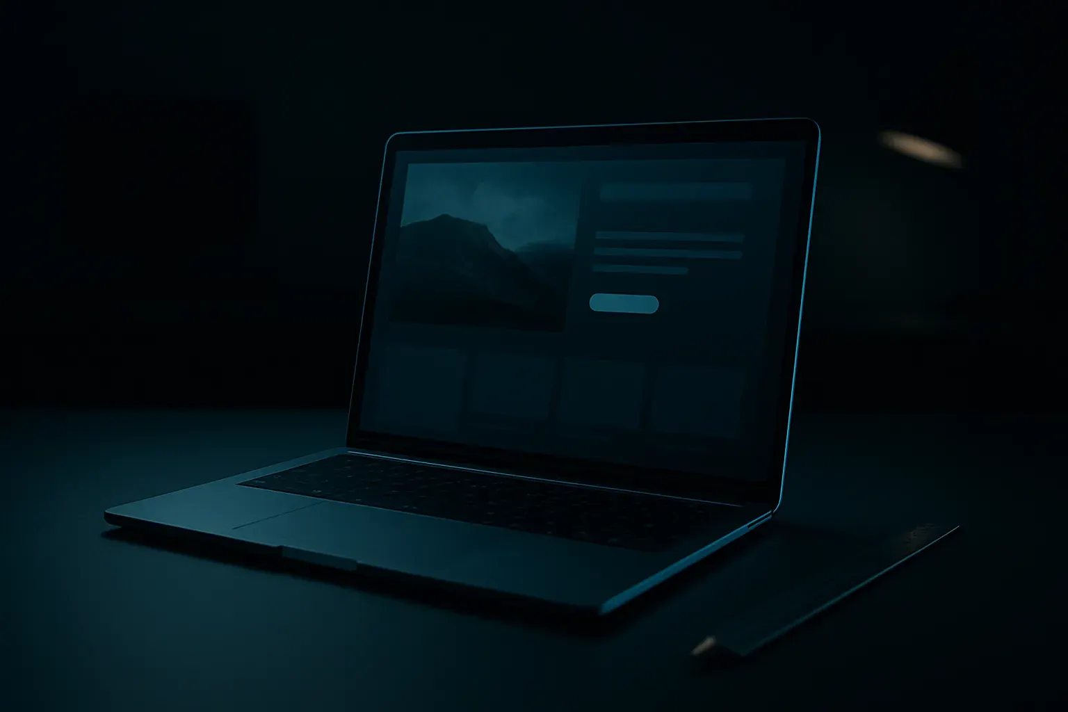 A laptop on a dark desk showing a clean website layout, lit by a teal edge light