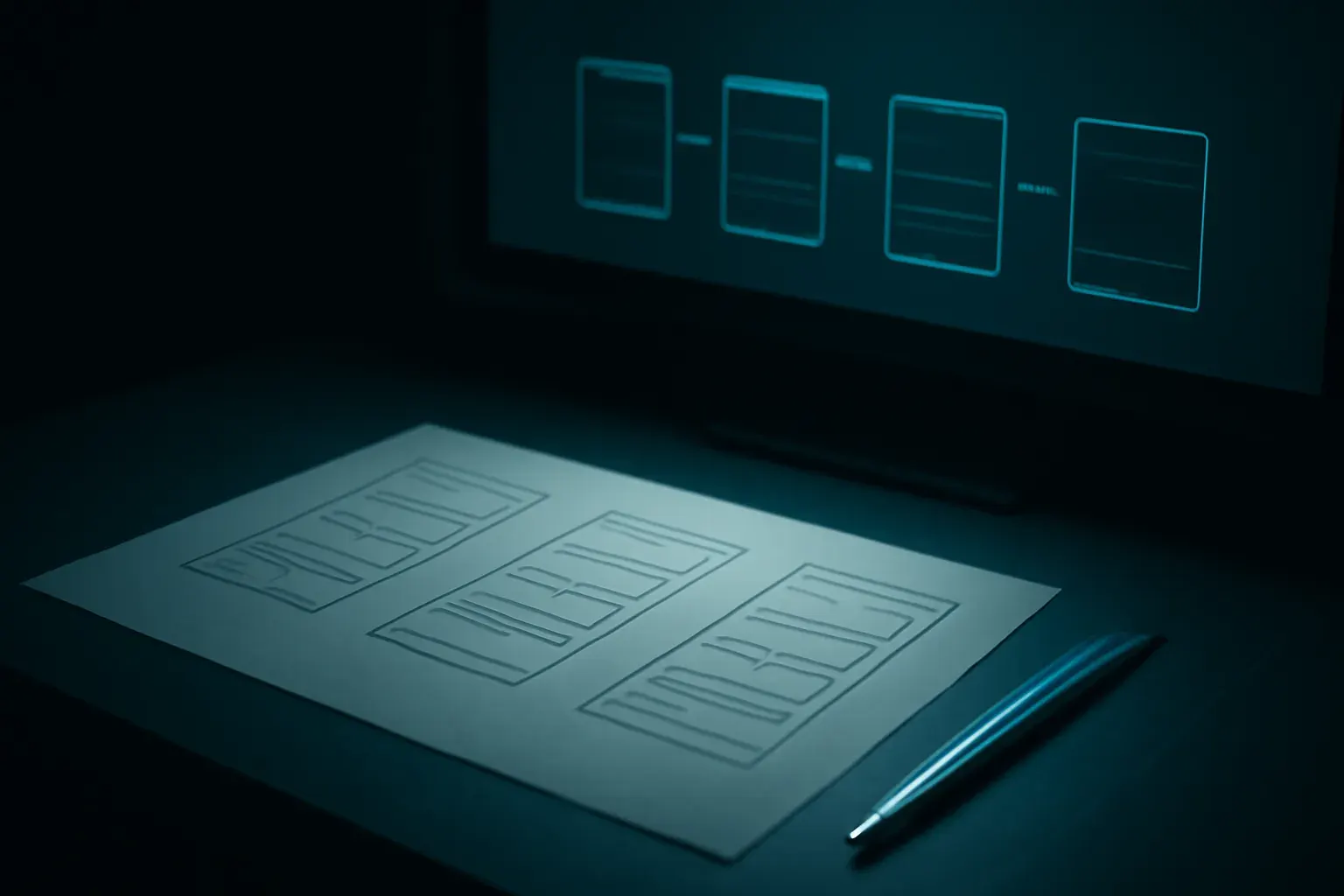 Wireframes and a clickable prototype on a screen