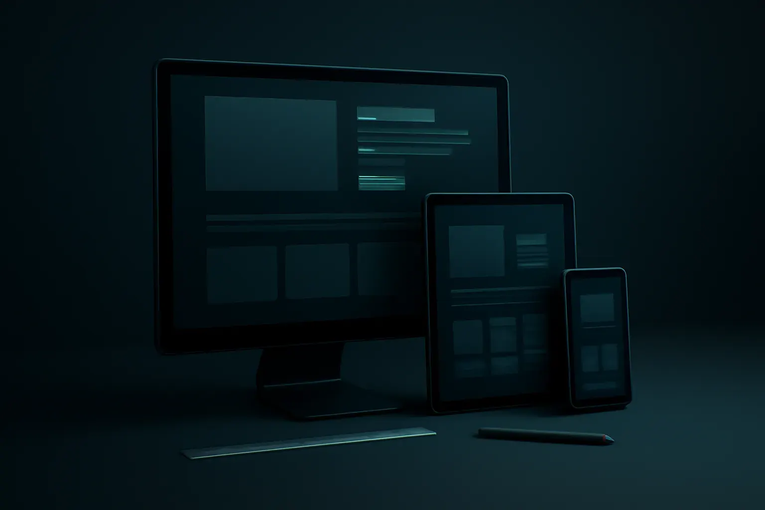 A business website shown on a laptop, tablet and phone